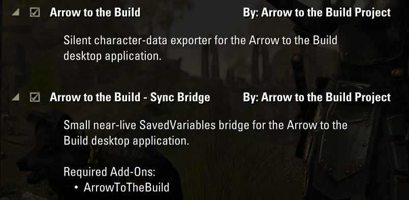 ESO Add-Ons list showing Arrow to the Build and Arrow to the Build Sync Bridge