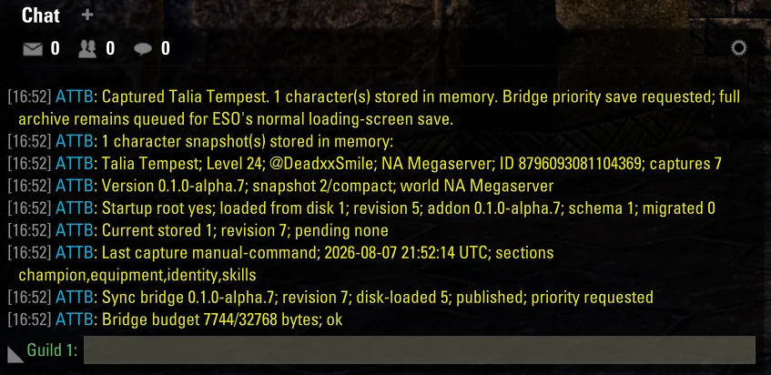 ESO chat showing ATTB character capture, revision, bridge budget, and status diagnostics
