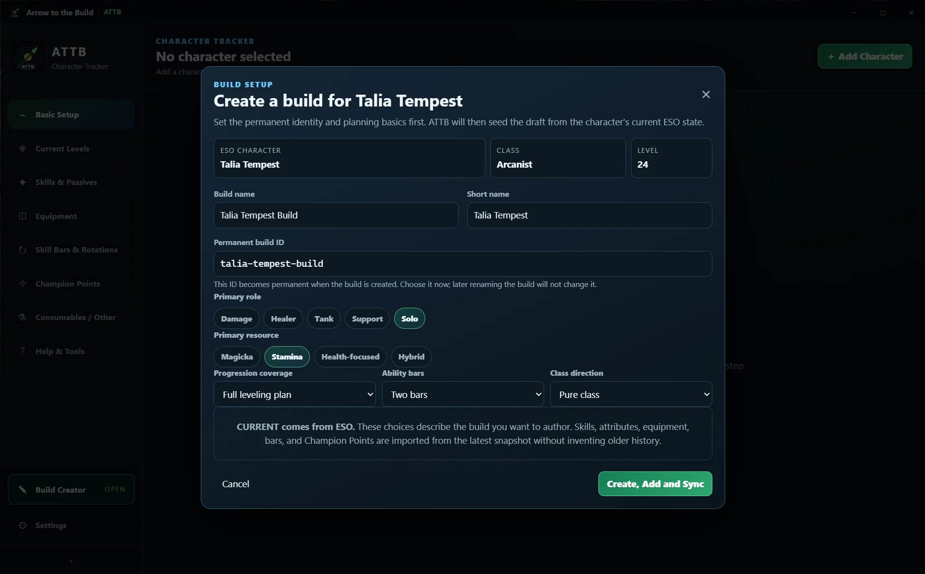 ATTB Create a build for Talia Tempest dialog using synchronized ESO character data
