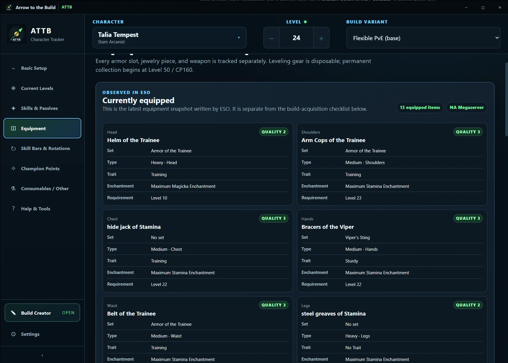 ATTB Equipment page showing currently equipped ESO gear alongside the build roadmap