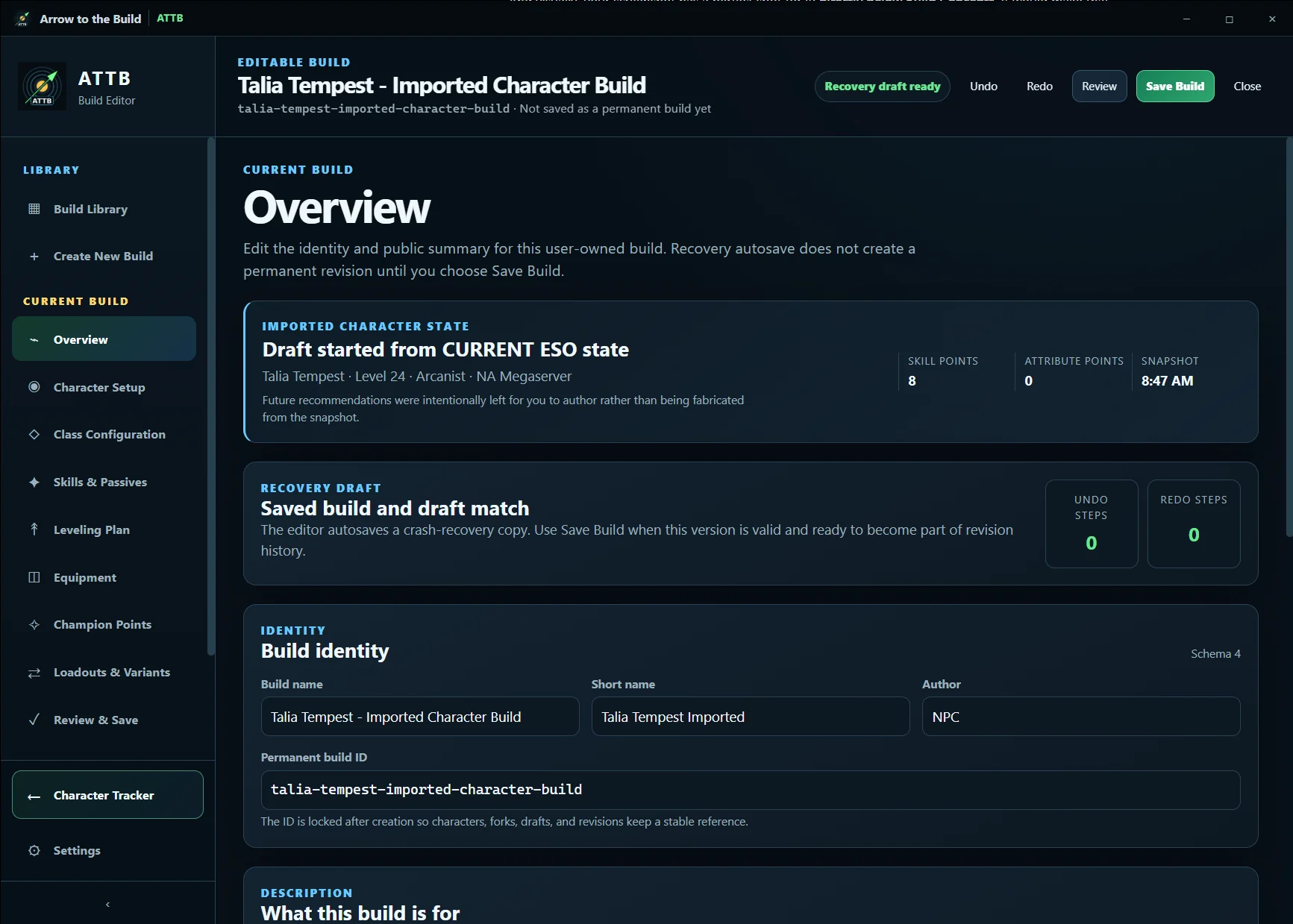 ATTB Build Editor showing an imported character build and editable target planning