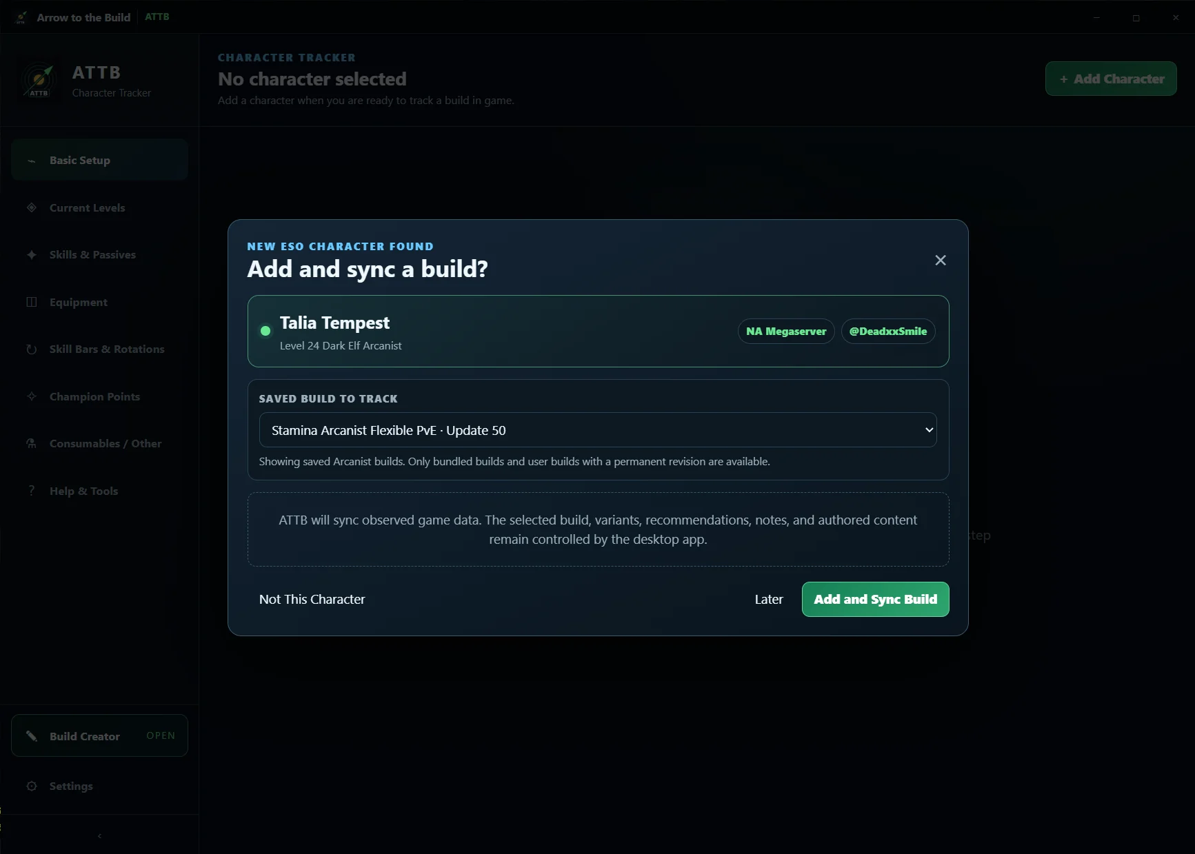 ATTB dialog asking whether to add and sync a newly discovered ESO character