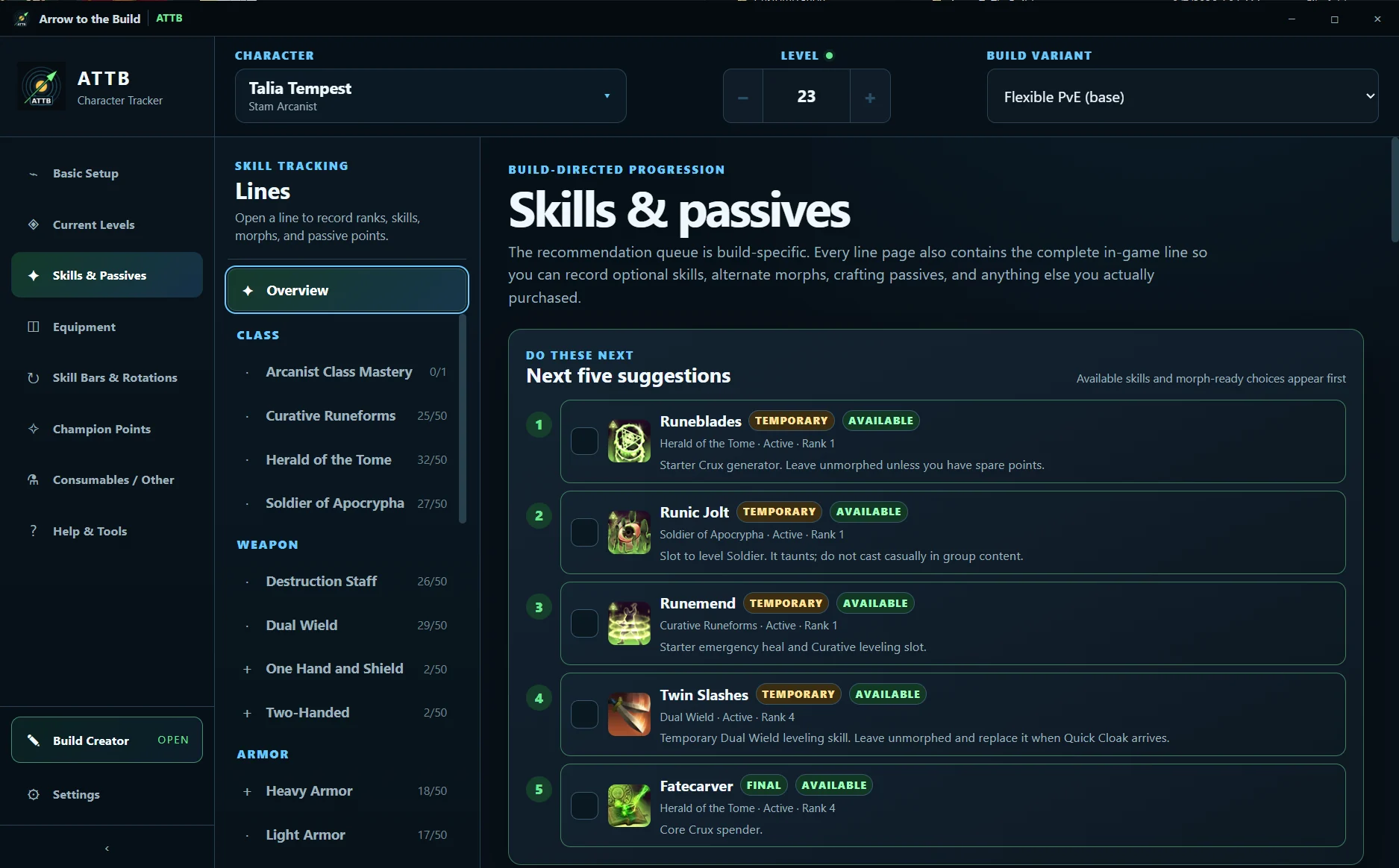 ATTB Skills and Passives overview showing five ordered recommendations