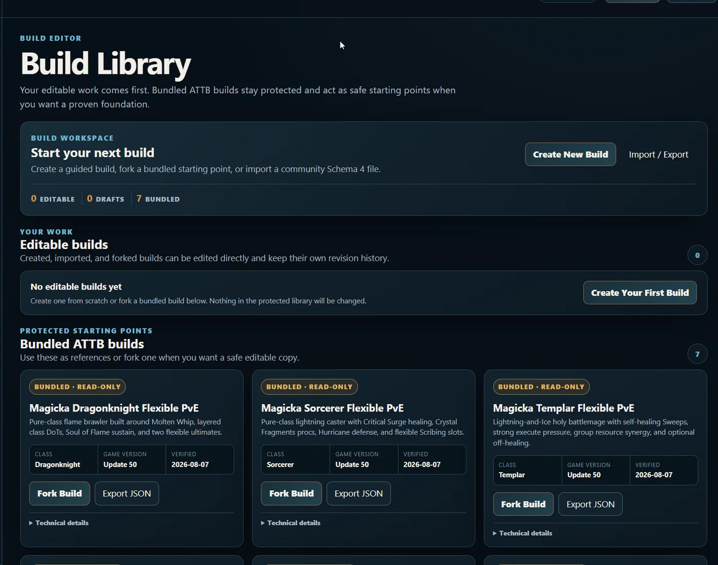 Build Library showing bundled and editable builds