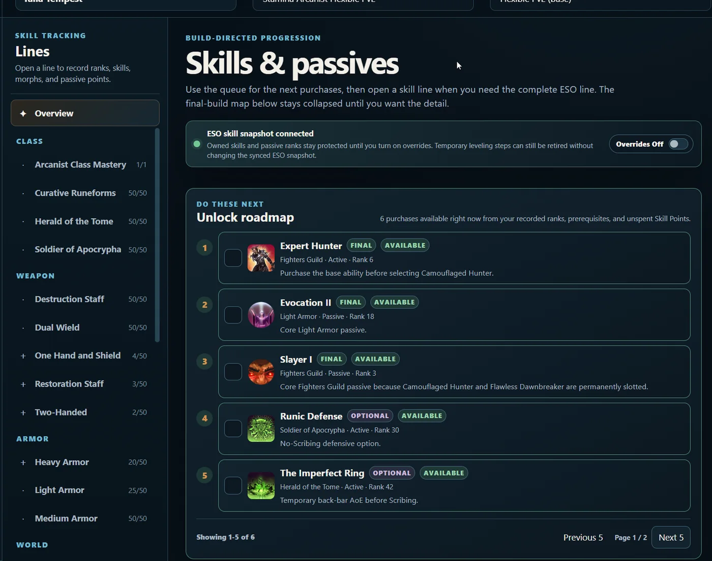 Skills and Passives unlock roadmap