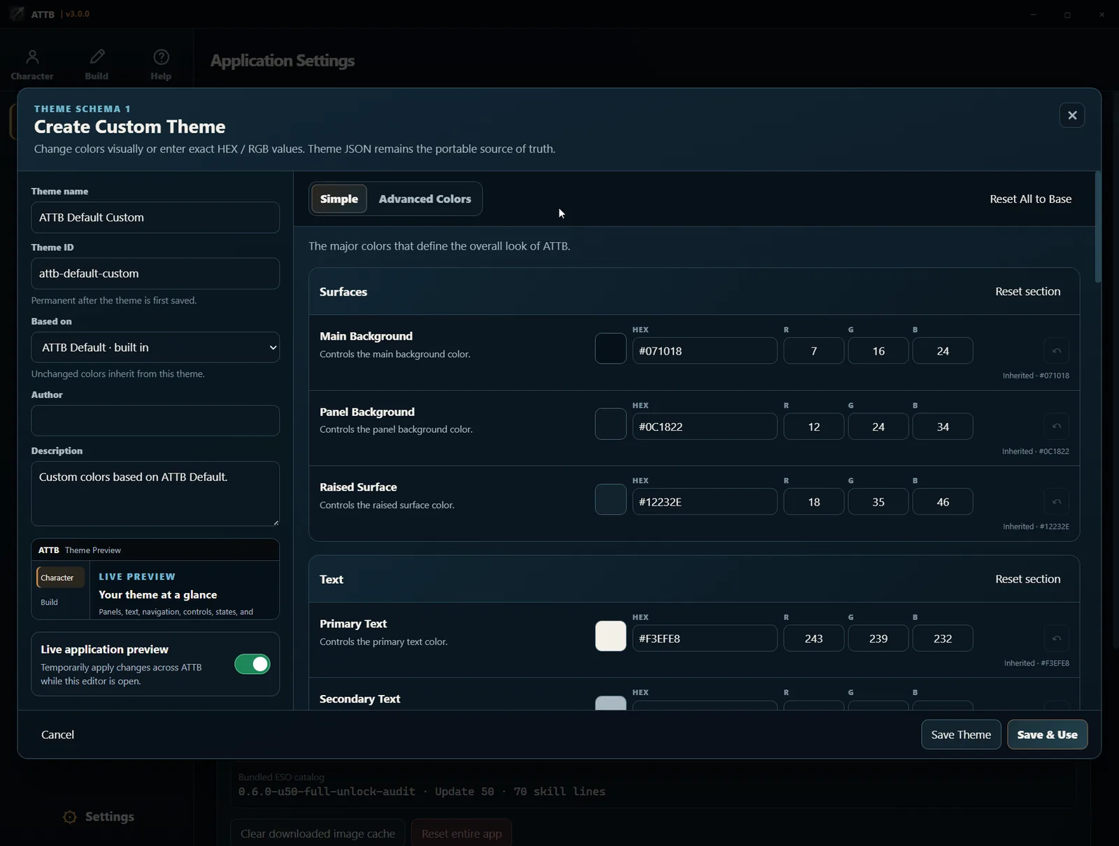 ATTB visual theme editor with color fields and a live preview